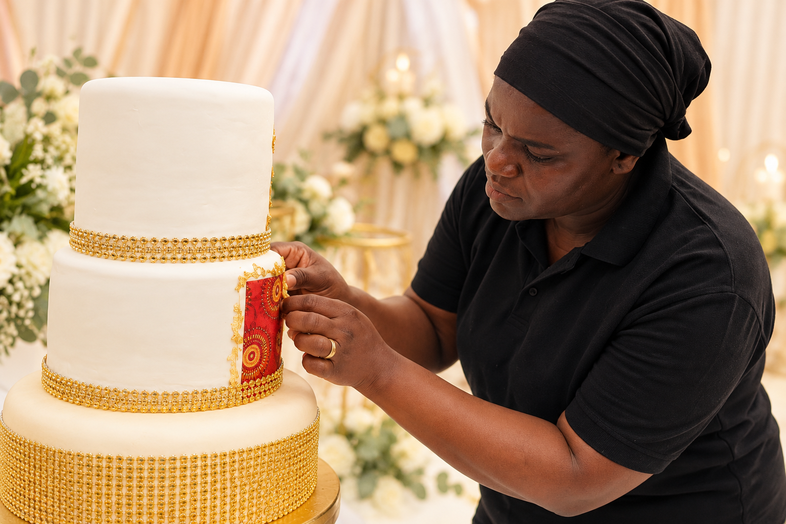 Barena baker finishing a celebration cake